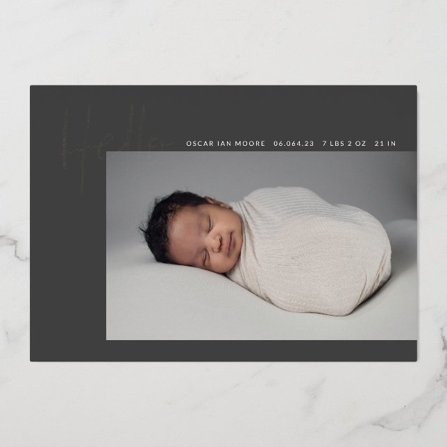 Hello Baby Birth Photo Announcement Charcoal Foil (Front)