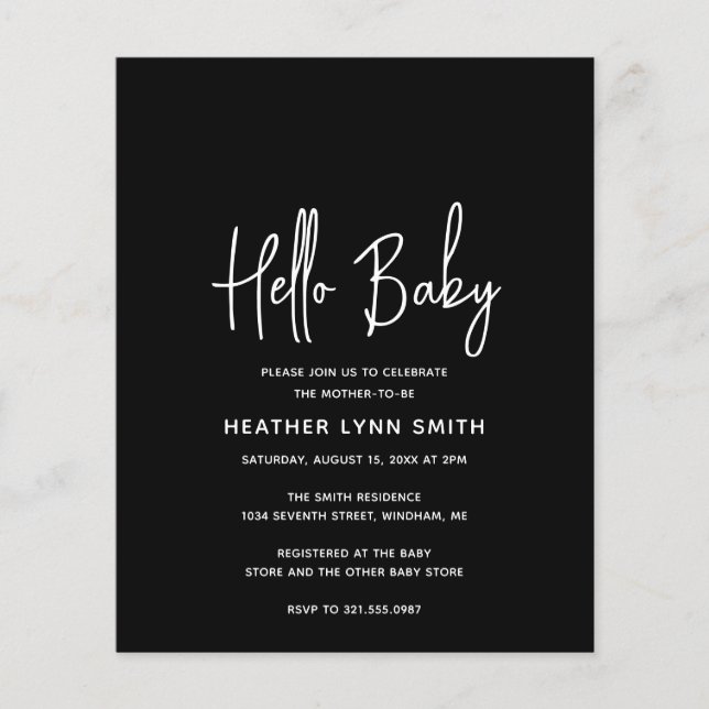 Hello Baby Black Budget Baby Shower Invitation (Front)