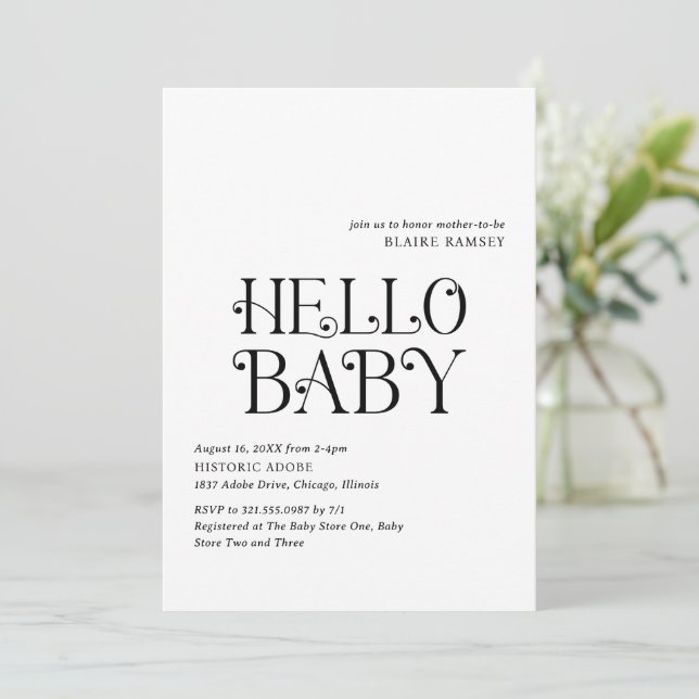 Hello Baby Black White Modern Baby Shower Invitation (Standing Front)