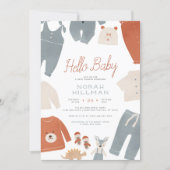 Hello Baby | Blue Boho Clothes Boy Baby Shower Invitation (Front)