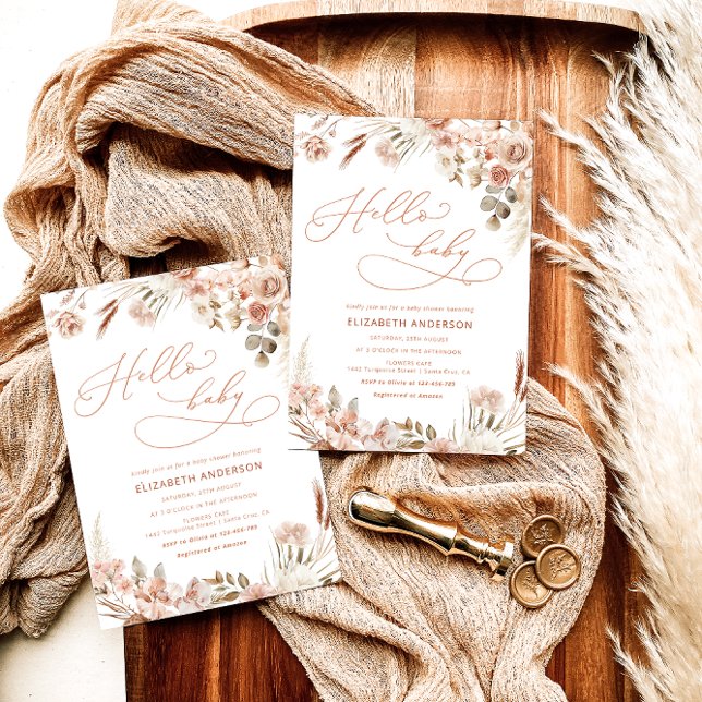 Hello Baby Boho Pampas Grass Neutral Baby Shower Invitation (Creator Uploaded)