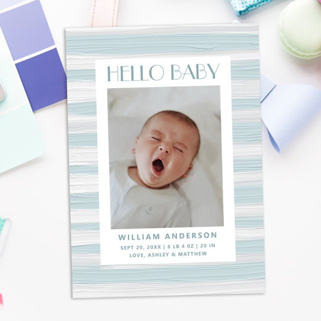 Hello baby boy. Blue nautical painted stripe birth Announcement (Creator Uploaded)