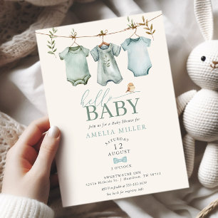 Hello Baby Boy Clothesline Boho Baby Shower Invitation