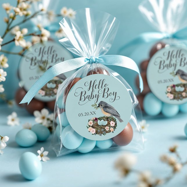 Hello Baby Boy Floral Bird's Nest Baby Shower Classic Round Sticker (Hello Baby Boy Floral Bird's Nest Baby Shower Classic Round Sticker)