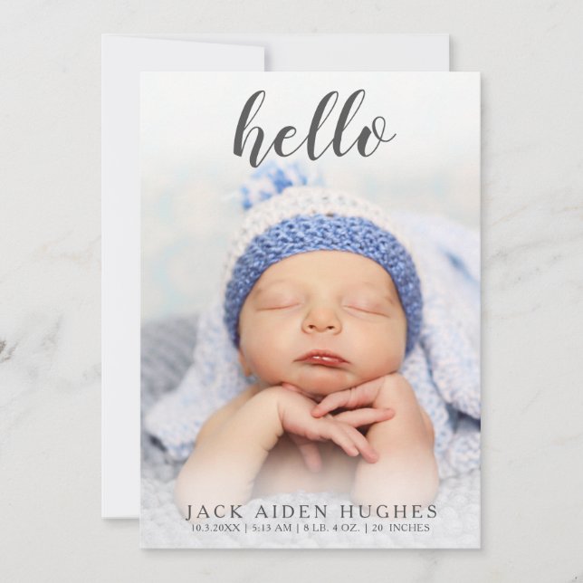 Hello Baby Boy Girl Birth Announcement Photo Cards (Front)