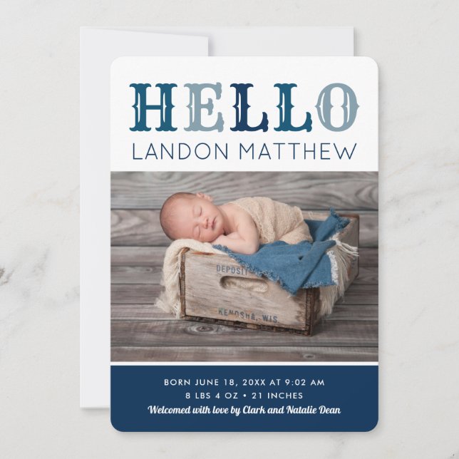 Hello Baby Boy Photo Birth Announcement (Front)