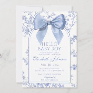 Hello Baby Boy Vintage Blue Bow Baby Shower Invitation