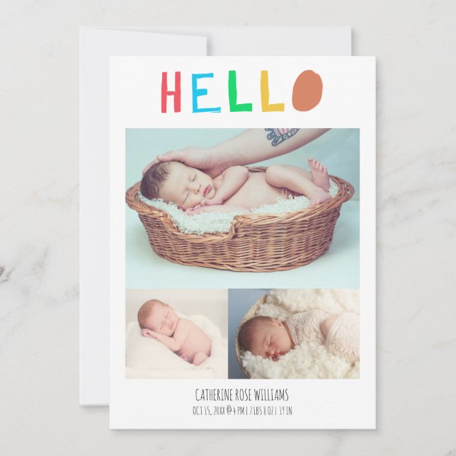 Hello Baby Cute Colourful 4 Photo Collage Simple Announcement (Front)
