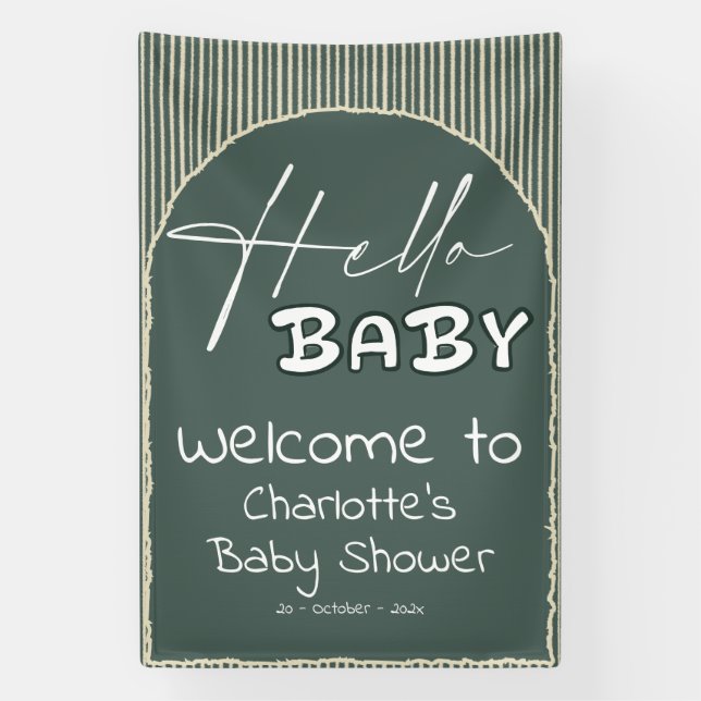 Hello Baby Dark Green Stripes Baby Shower Banner (Vertical)