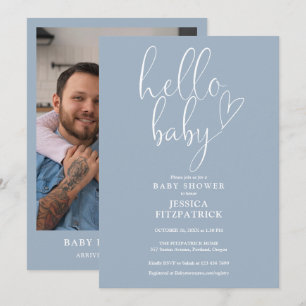 Hello Baby Dusty Blue Boy Photo Baby Shower Invitation