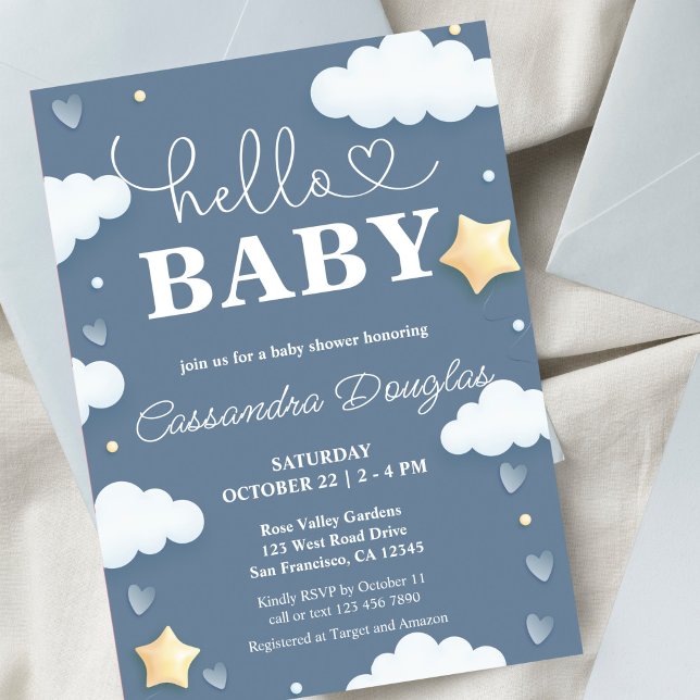 Hello Baby Dusty Blue Clouds Modern Baby Shower Invitation (Creator Uploaded)