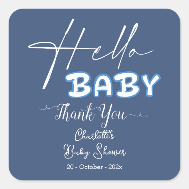 Hello Baby Elegant Dark Blue Baby Shower Square Sticker (Front)