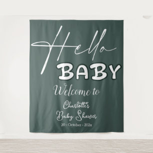 Hello Baby Elegant Dark Green Baby Shower Backdrop Tapestry