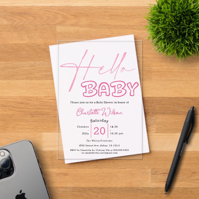 Hello Baby Elegant Dark Pink Baby Shower Acrylic Invitations (Insitu (Invitation Card))