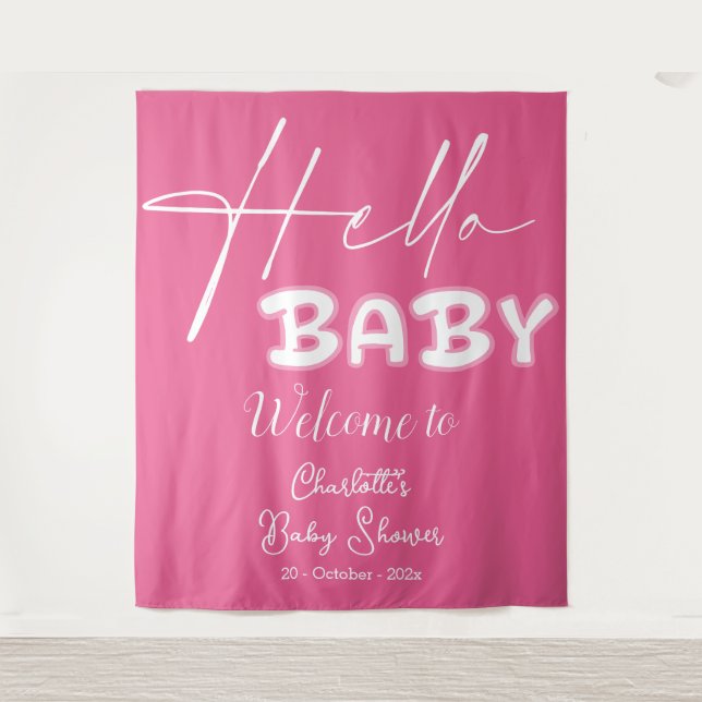 Hello Baby Elegant Dark Pink Baby Shower Backdrop Tapestry (Front)