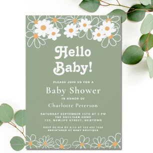 Hello Baby Gender-Neutral Daisy Green Baby Shower Invitation