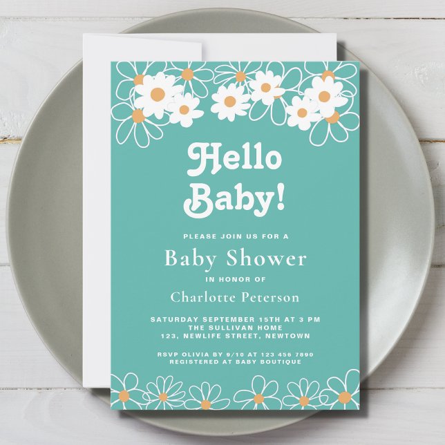 Hello Baby Gender-Neutral Daisy Teal Baby Shower  Invitation (Creator Uploaded)