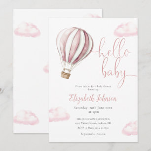 Hello Baby Girl Pink Hot Air Balloon Baby Shower Invitation