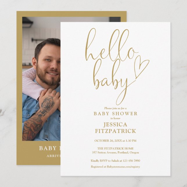 Hello Baby Gold Script Heart Photo Baby Shower Invitation (Front/Back)