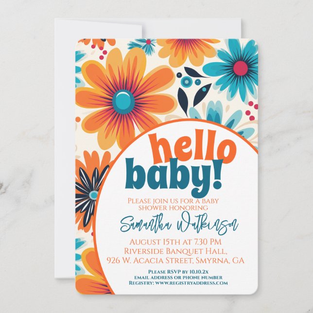 Hello Baby Groovy Retro Boho Flower Baby Shower Invitation (Front)