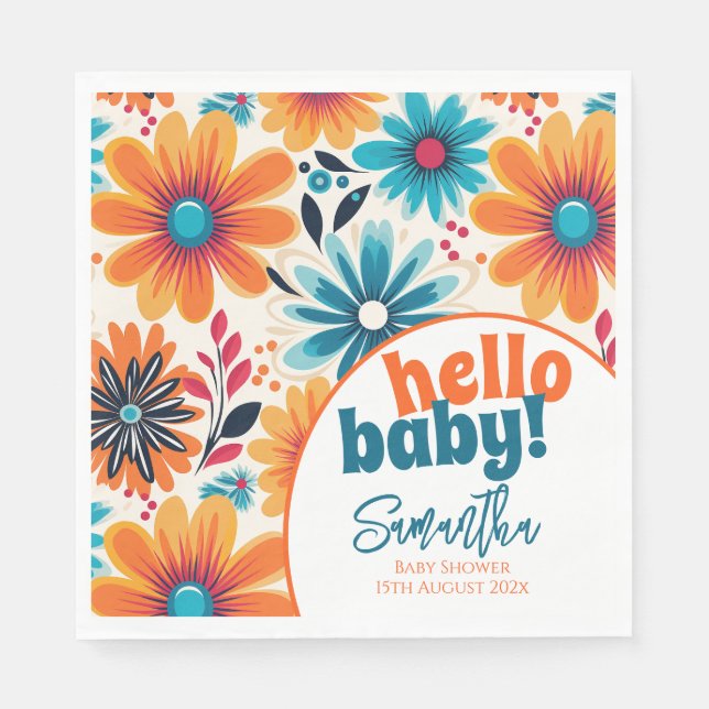 Hello Baby Groovy Retro Boho Flower Baby Shower Napkin (Front)