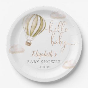 Hello Baby Hot Air Balloon Neutral Baby Shower Paper Plate