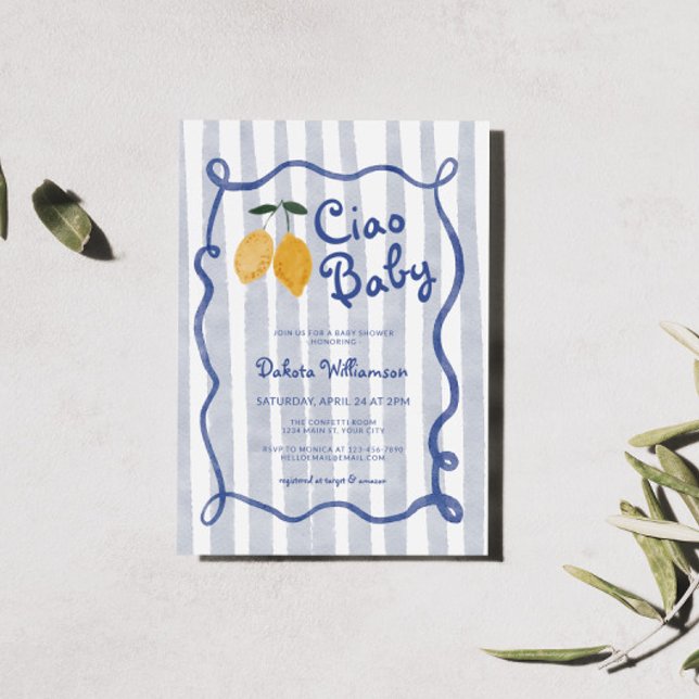 Hello Baby Lemon Boys Baby Shower Invitation (Ciao Baby Boy Baby Shower Lemon Invite)