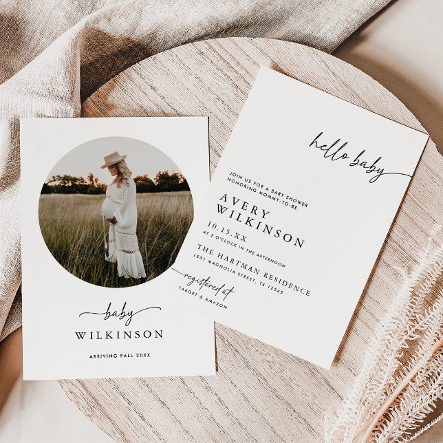 Hello Baby Minimalist Boho Photo Baby Shower Invitation (Creator Uploaded)