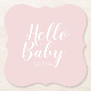 Hello Baby modern baby shower Pastel Pink Paper Coaster