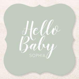 Hello Baby modern baby shower Sage Green Paper Coaster