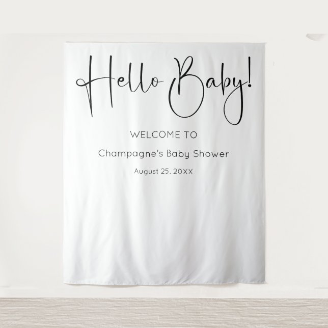Hello Baby Modern Script Baby Shower Backdrop Tapestry (Front)