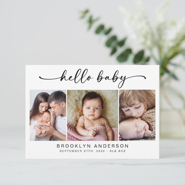 Hello Baby | Modern Three Photo New Baby Thank You Card (Standing Front)