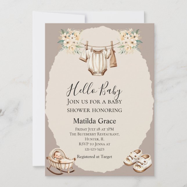 Hello Baby Neutral Beige  Invitation (Front)