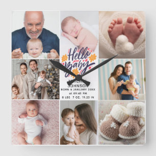 Hello Baby   Newborn Baby Birth Stats 8 Photos Square Wall Clock