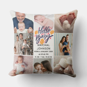 Hello Baby Newborn Baby Birth Stats 8 Photos Throw Pillow