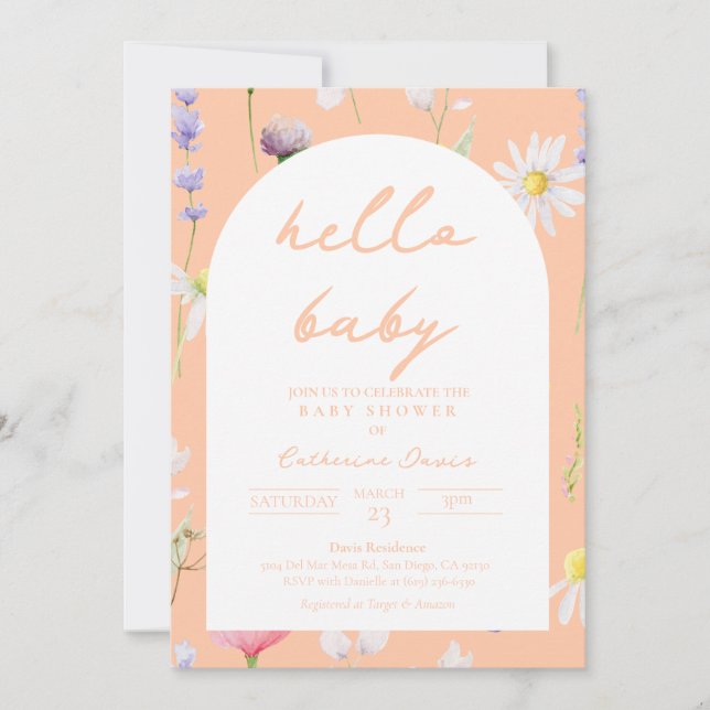 Hello Baby Peach Floral Baby Shower Invitation (Front)