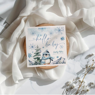 Hello Baby Penguin, Winter blue baby shower Napkin