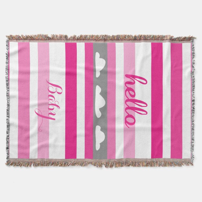 Hello baby Personalized Modern Pink Striped Clouds Throw Blanket (Front)