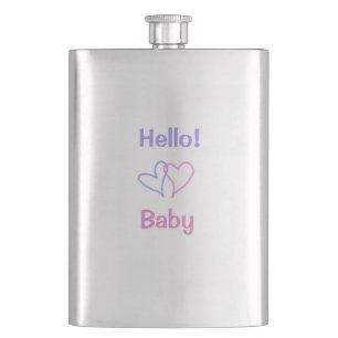 Hello baby pink purple heart name watercolor boho hip flask