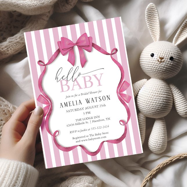 Hello Baby Pink Striped Bow Baby Shower Invitation (Hello Baby Pink Striped Bow Baby Shower Invitation)