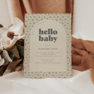 Hello Baby Retro Boho Daisy Baby Shower Invitation