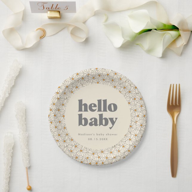 Hello Baby Retro Boho Daisy Custom Paper Plate (Wedding)