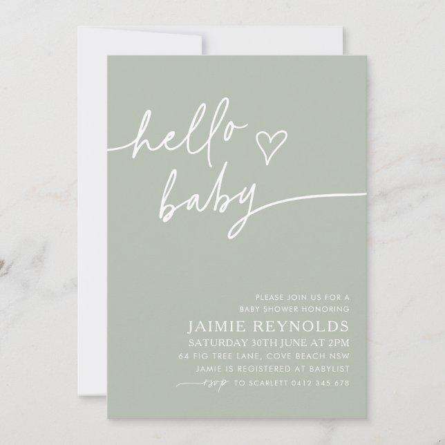 Hello Baby Sage Green Baby Shower  Invitation (Front)