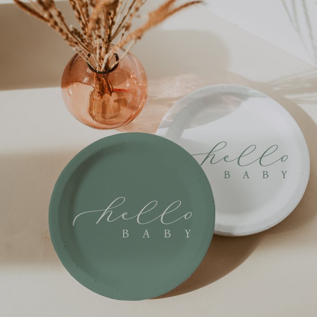 Hello Baby Script Minimalist Baby Shower Paper Plate (Creator Uploaded)