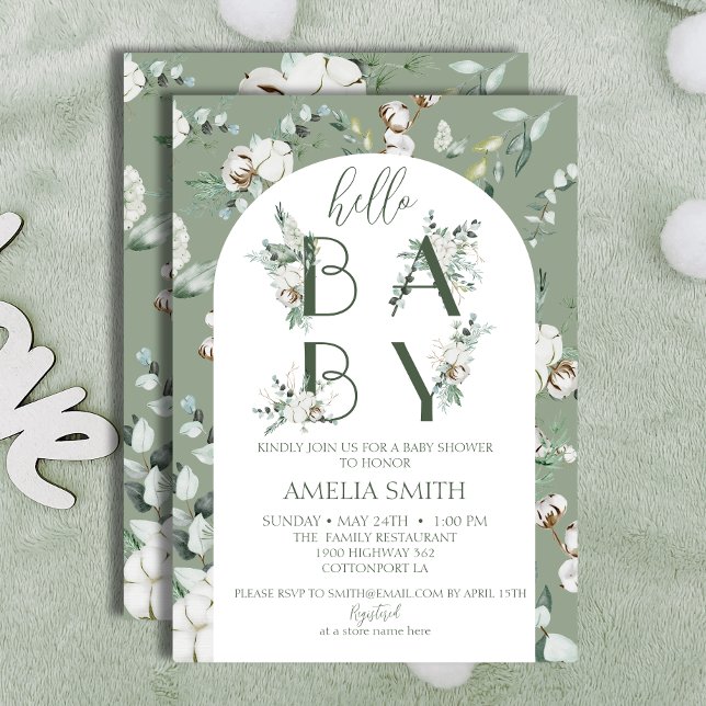 Hello Baby Shower Gender Neutral Boho Sage Green Invitation (Creator Uploaded)