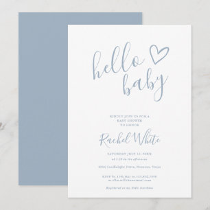 Hello Baby Shower Heart Dusty Blue Minimalist Invitation