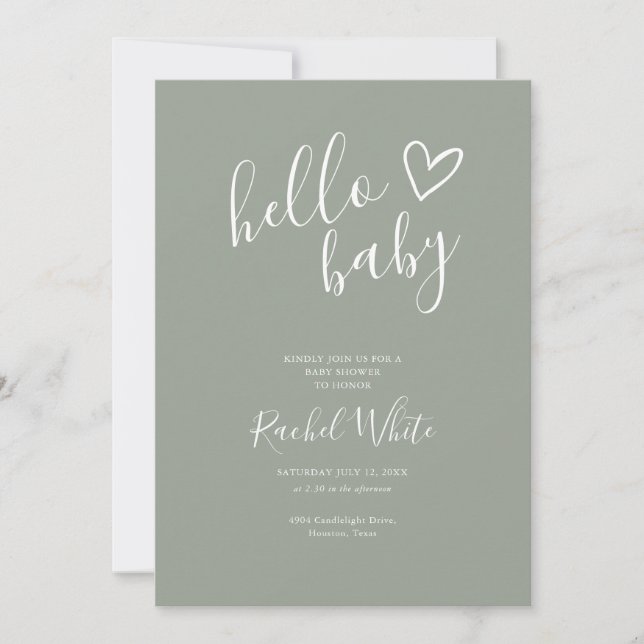 Hello Baby Shower Neutral Sage Green QR Code Invitation (Front)