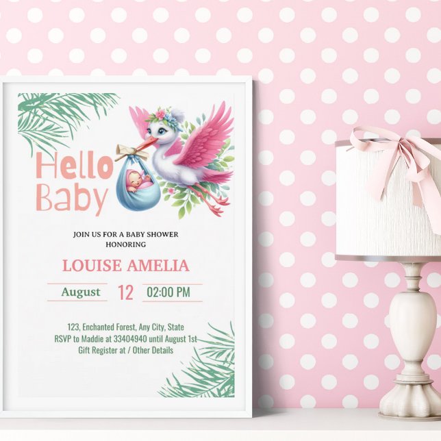 Hello Baby Stork Delivery Girl Baby Shower Invitation (Creator Uploaded)