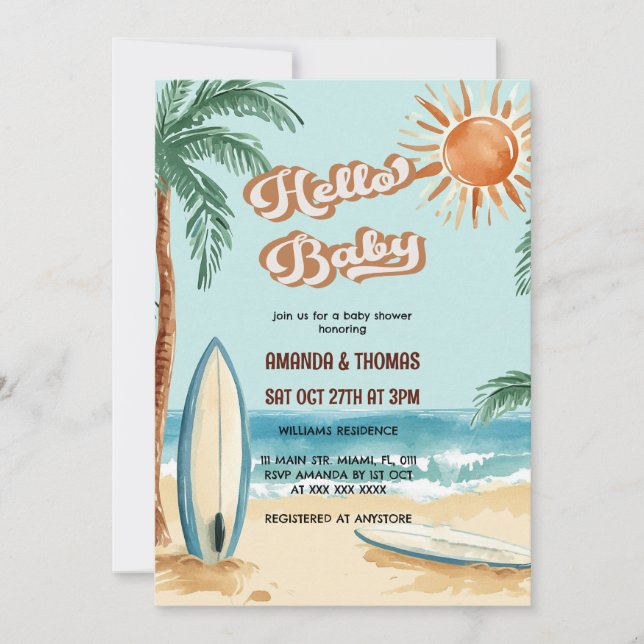 Hello Baby Surfboard Baby Shower Invitation (Front)