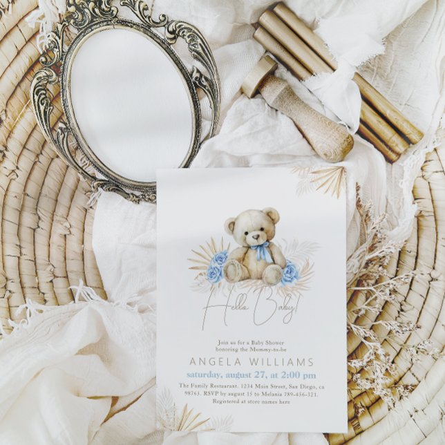 Hello Baby Teddy Bear Boho Blue Boy Baby Shower Invitation (Creator Uploaded)